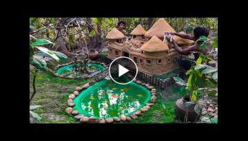 Building Castle Mud Cat House For kittens Abandoned With Red Fish Pond At Forest